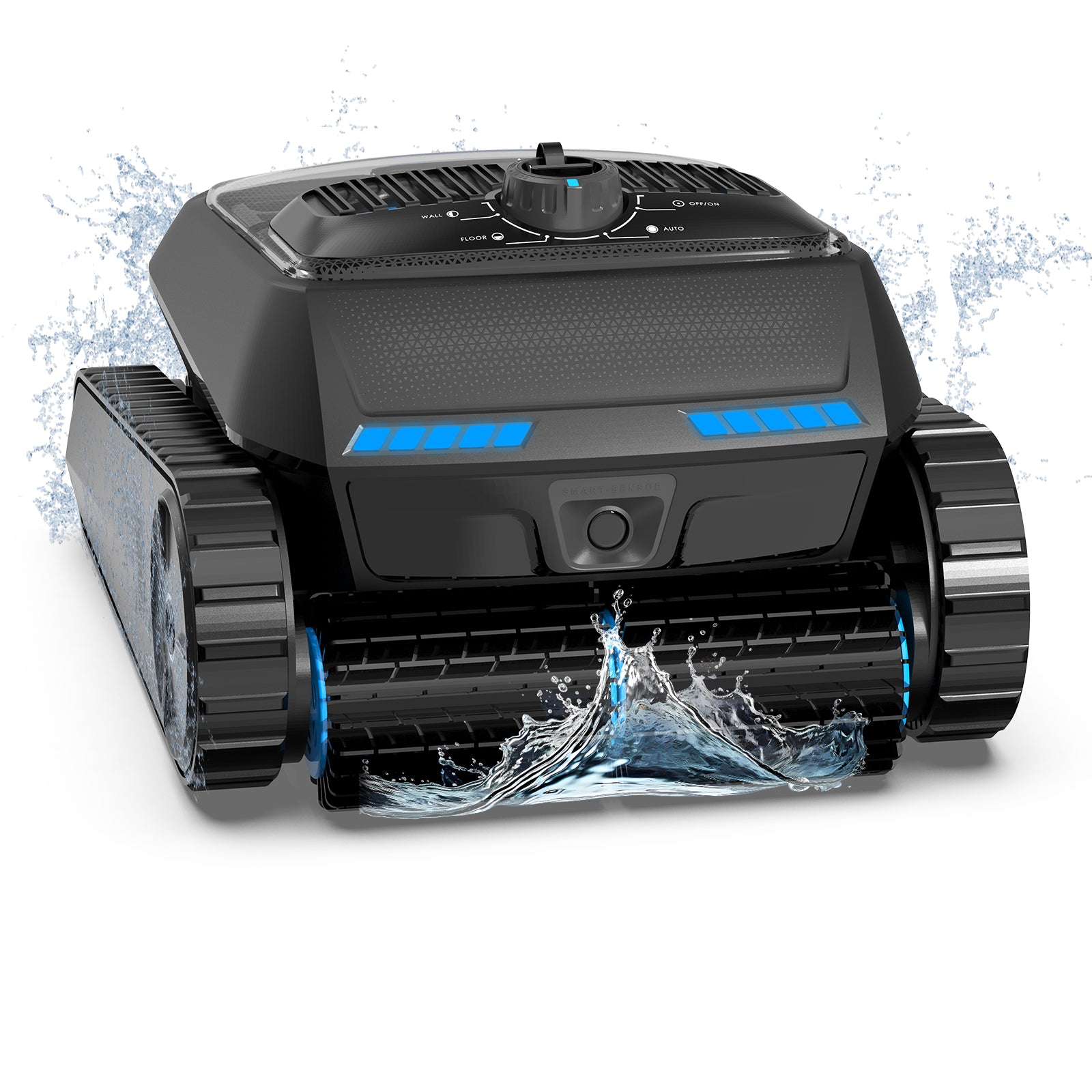 Robot de piscine sans fil AIRROBO CP400 Lite, gros plan montrant les chenilles à crampons, la molette de contrôle et les voyants LED bleus