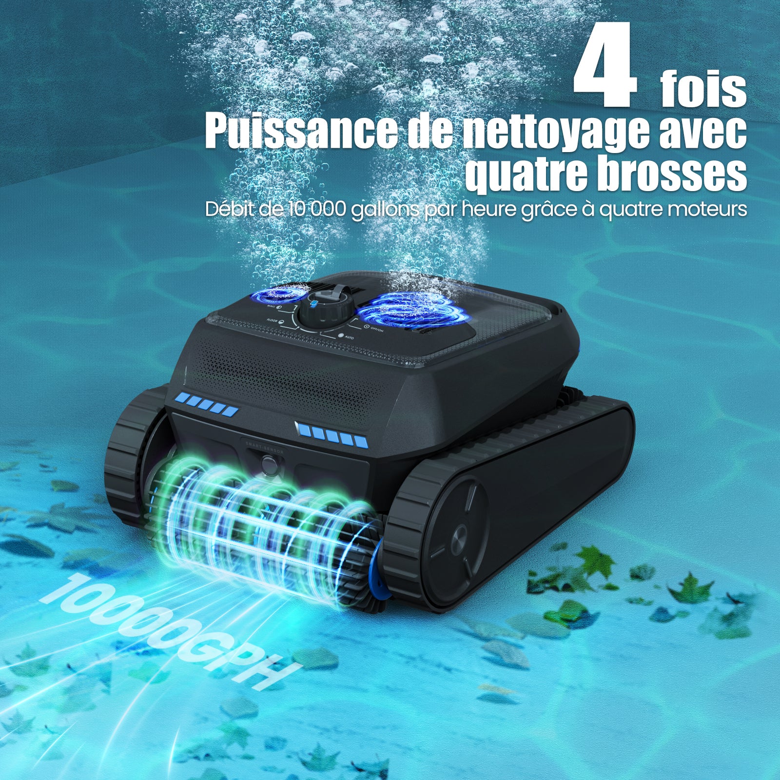 Robot de piscine AIRROBO CP400 Lite avec ses quatre brosses et débit de 10 000 gallons par heure, nettoyant des feuilles au fond de la piscine