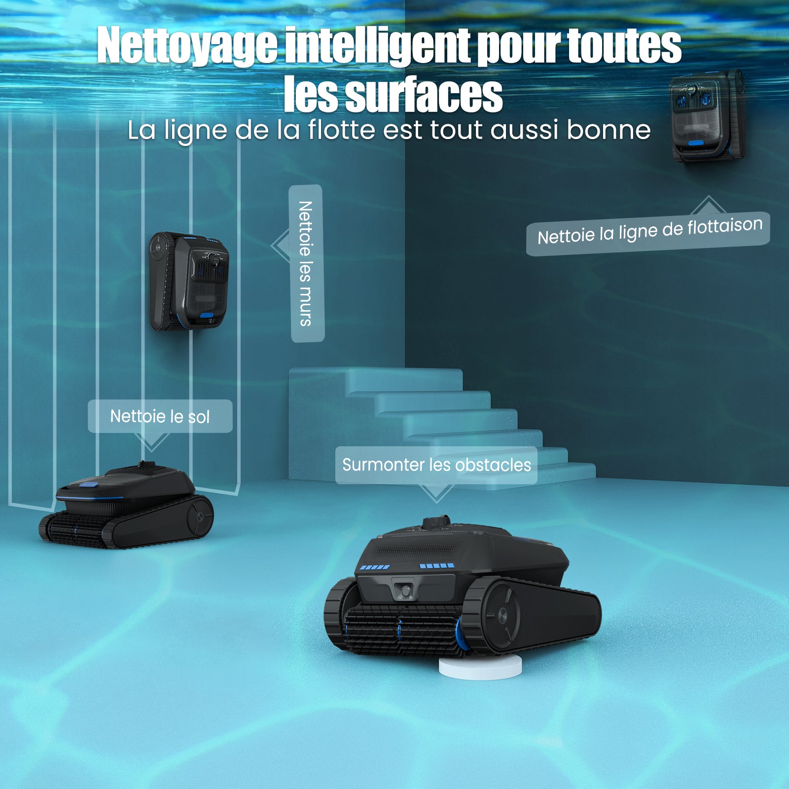 Robot de piscine AIRROBO CP400 Lite nettoyant la ligne de flottaison, les murs, le sol et franchissant un obstacle dans une piscine