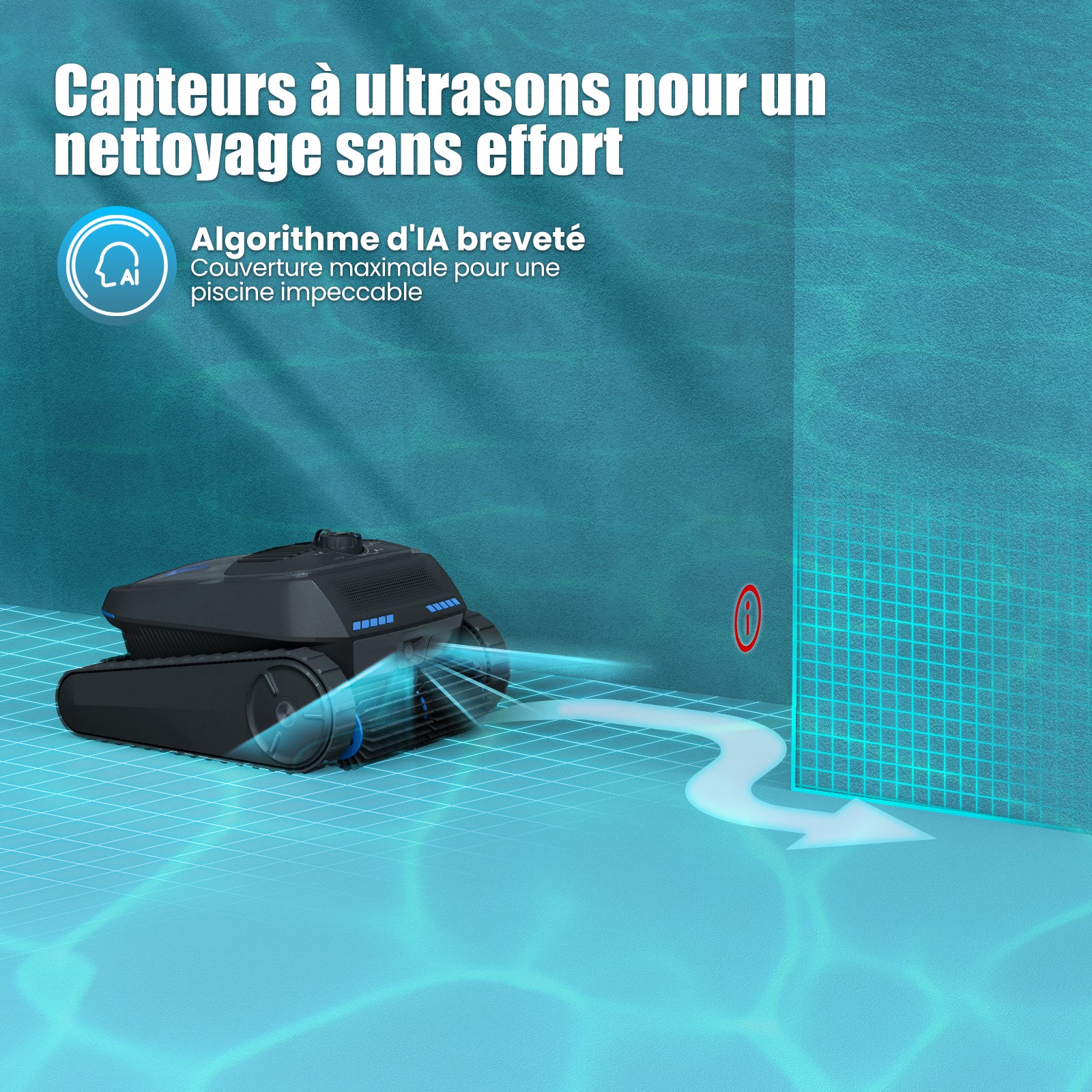 Capteurs à ultrasons et algorithme d'IA du robot de piscine AIRROBO CP400 Lite, avec cartographie de la piscine et évitement d'obstacles