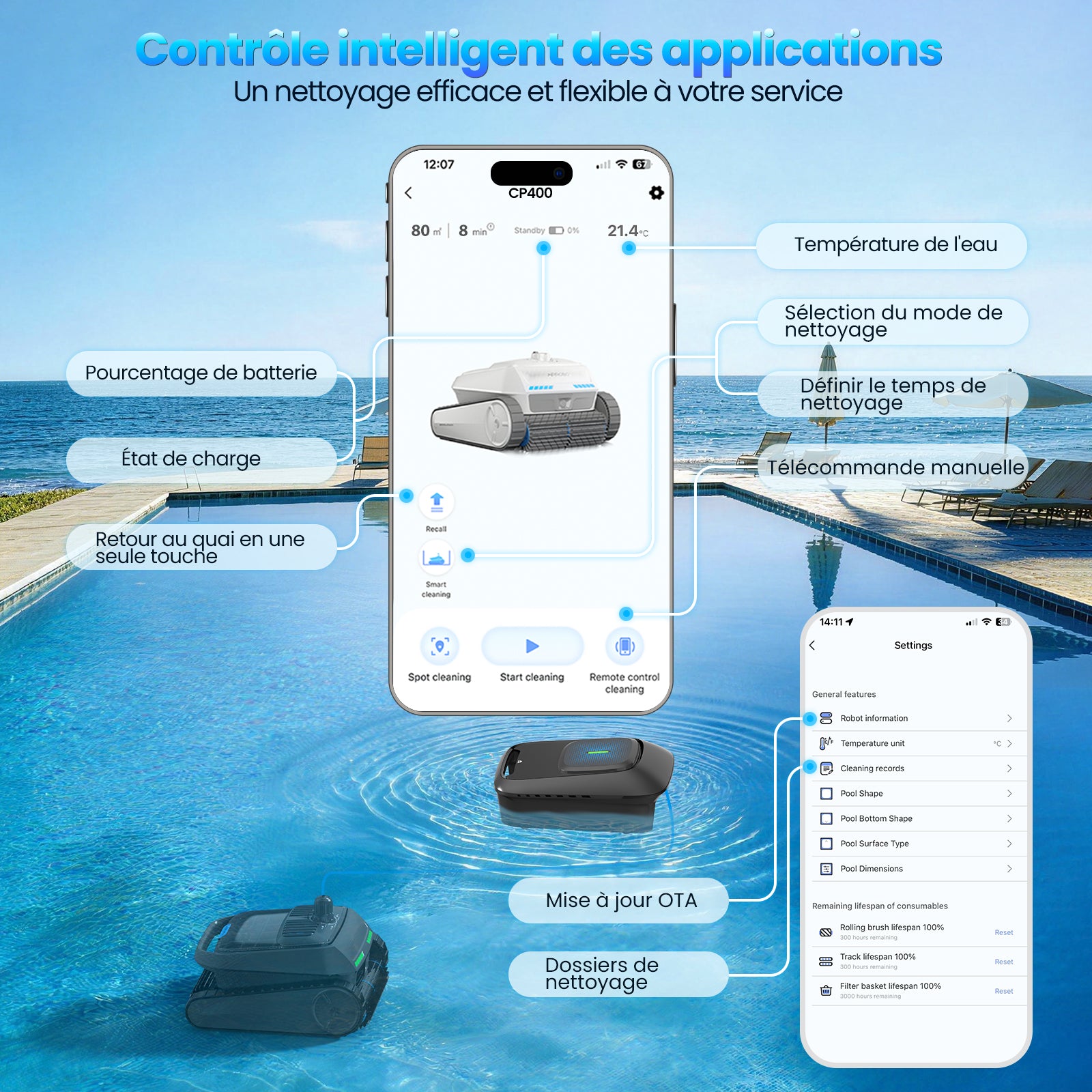 AIRROBO Omni CP400 Robot de Piscine 4‑en‑1 pour Piscines Hors Sol et Enterrées avec Écumeur de Surface